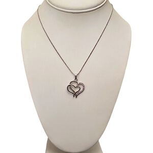 Vintage Silver Double Open Heart CZ Pendant Necklace